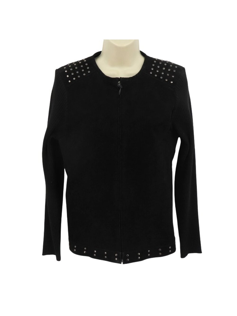 Escapade Women Large Y2K Black Suede Leather Knit Zippered Light Jacket Coat